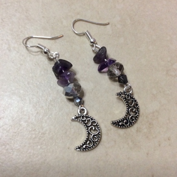 🌸 AMETHYST NECKLACE & EARRINGS MOON BOHO BUNDLE BOHEMIAN SET CHARM PENDANT BEAD - Picture 2 of 7